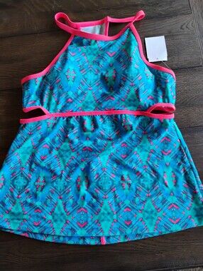 ZELOS Turquoise Swim Dress with Hot Pink Trim